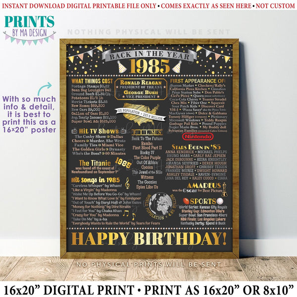 Back in the Year 1985 Birthday Sign, Flashback to 1985 Poster Board, ’85 B-day Gift, Bday Decoration, PRINTABLE 16x20” 1985 Sign, Instant Download Digital Printable File