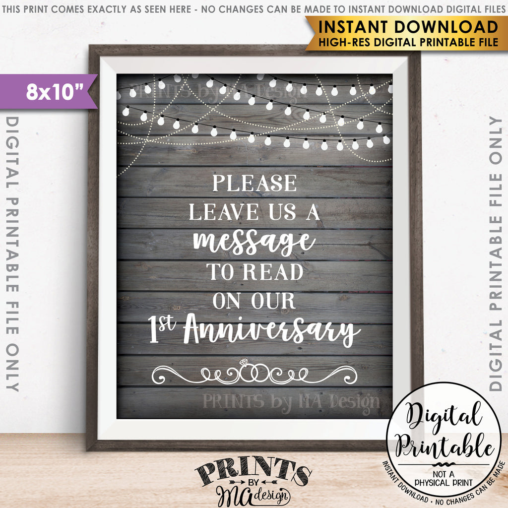 Please Leave Us a Message to Read on Our First Anniversary Wedding Sign, 1st Anniversary Message, 8x10” Gray Rustic Wood Style Printable Instant Download - PRINTSbyMAdesign