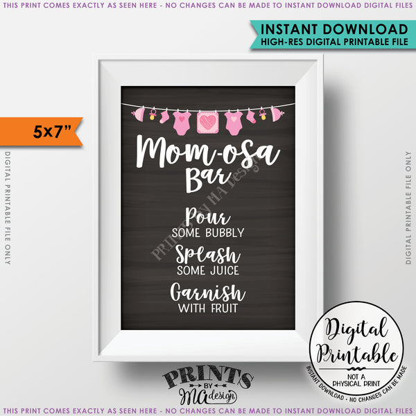 Mom-osa Bar Sign, MOMosa Sign, Mimosa Baby Shower, Make a Mimosa Decor, Preggatini, Pink 5x7” Chalkboard Style Printable Instant Download - PRINTSbyMAdesign