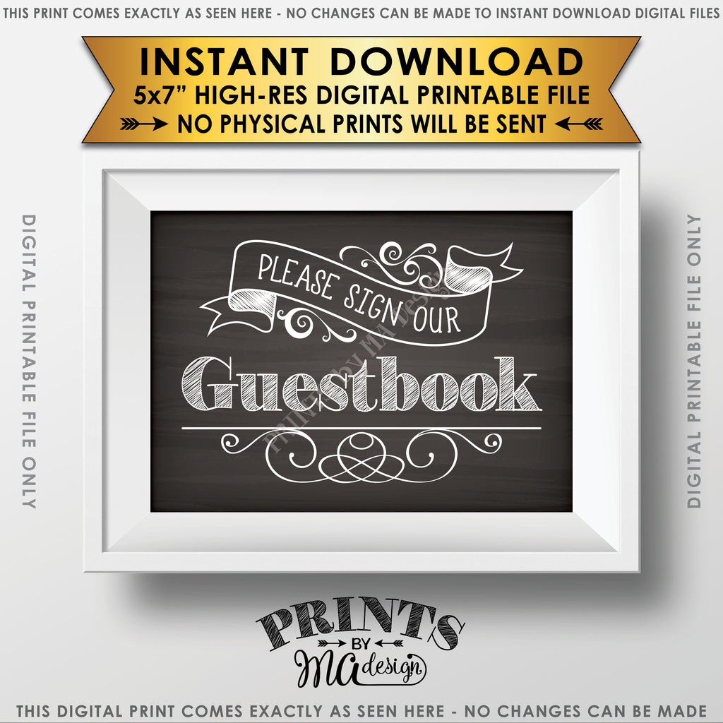 Please Sign Our Guestbook Wedding Sign, Guest Book Reception Sign, Chalkboard Style Instant Download 5x7” Printable Sign - PRINTSbyMAdesign