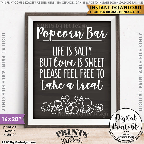 Popcorn Bar Sign, Popcorn Wedding Sign, Chalkboard Style 8x10/16x20" Instant Download Printable File - PRINTSbyMAdesign