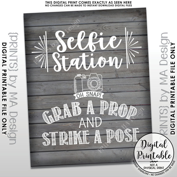 Selfie Station Sign, Grab a Prop and Strike a Pose Selfie Sign, Photobooth Sign, Instant Download 8x10/16x20” Rustic Wood Style Printable File - PRINTSbyMAdesign
