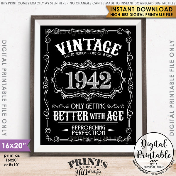 1942 Birthday Sign, Better with Age Vintage Birthday, Aged to Perfection, 8x10/16x20” Black & White Digital Printable File <Instant Download> - PRINTSbyMAdesign