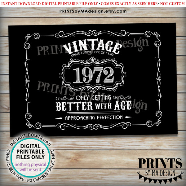 1972 Birthday Sign, Vintage Better with Age Poster, Whiskey Theme Black & White PRINTABLE 24x36” Landscape 1972 Sign, Instant Download Digital Printable File