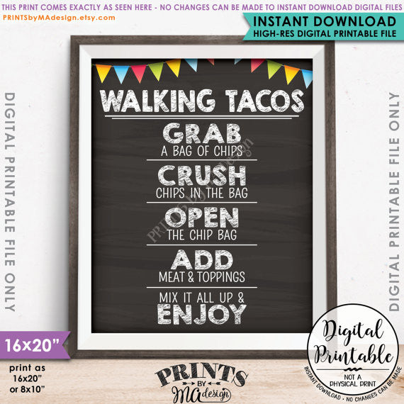 Walking Tacos Sign, Taco Bar, Fiesta Taco Sign, Cinco de Mayo, Sweet Sixteen Birthday Party, Graduation Party, 8x10/16x20” Chalkboard Style Printable Sign <Instant Download> - PRINTSbyMAdesign
