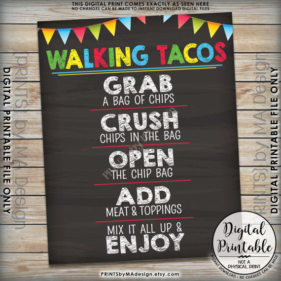 Walking Tacos Sign, Taco Bar, Fiesta Taco Sign, Cinco de Mayo, Sweet Sixteen Birthday Party, Graduation Party, 8x10/16x20” Chalkboard Style Printable Sign <Instant Download> - PRINTSbyMAdesign