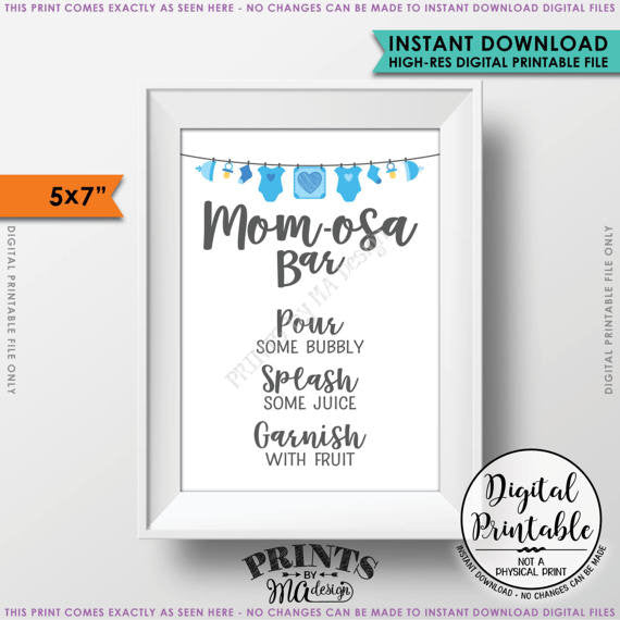 Mom-osa Bar Sign, MOMosa Sign, Mimosa Baby Shower, Make a Mimosa Decor, Preggatini, Blue 5x7” Printable <Instant Download> - PRINTSbyMAdesign