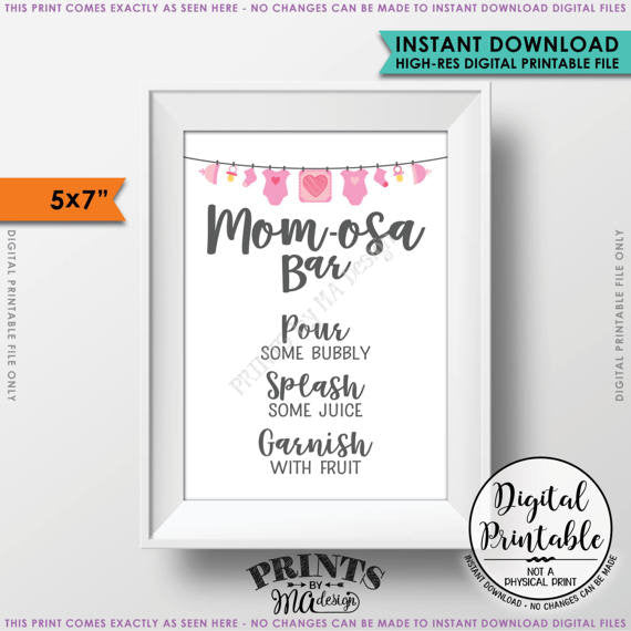 Mom-osa Bar Sign, MOMosa Sign, Mimosa Baby Shower, Make a Mimosa Decor, Preggatini, Pink 5x7” Printable <Instant Download> - PRINTSbyMAdesign