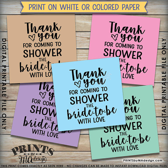 Bridal Shower Thank You Tags, Thank You for Coming to Shower the Bride-to-Be Bridal Shower Tags, 3x3" on 8.5x11" Printable Favor Tags <Instant Download> - PRINTSbyMAdesign