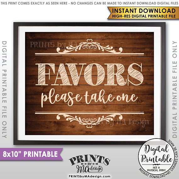 Favors Sign, Take a Favor Sign, Wedding Favors, Shower Favors Party Favors, Take a Favor, 8x10” Brown Rustic Wood Style Printable <Instant Download> - PRINTSbyMAdesign