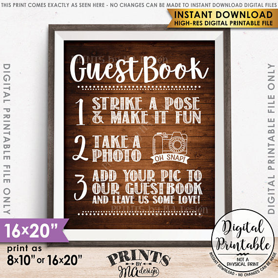 Guestbook Sign, Rustic Wood Style Guestbook Photo Booth Sign Our Guest Book, 8x10/16x20" Printable Sign - PRINTSbyMAdesign