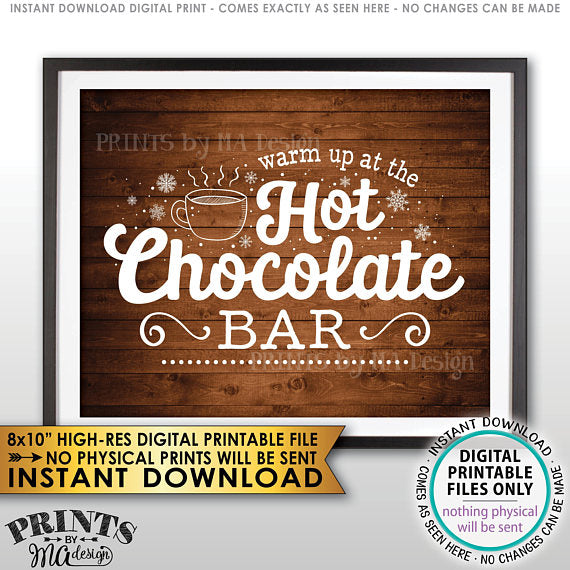 Hot Chocolate Sign, Warm Up at the Hot Chocolate Bar Sign, Rustic Wood Style PRINTABLE 8x10” sign <Instant Download> - PRINTSbyMAdesign