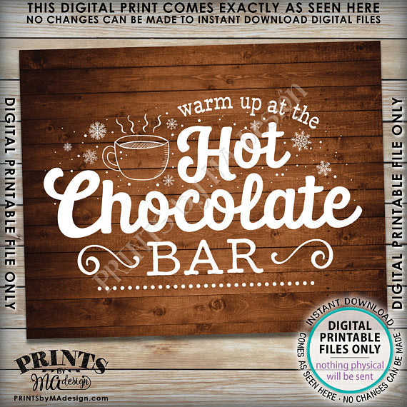 Hot Chocolate Sign, Warm Up at the Hot Chocolate Bar Sign, Rustic Wood Style PRINTABLE 8x10” sign <Instant Download> - PRINTSbyMAdesign
