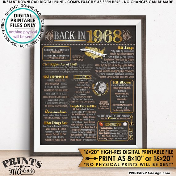 1968 Flashback Poster, Flashback to 1968 USA History Back in 1968 Birthday Anniversary Reunion, Instant Download PRINTABLE 8x10/16x20” Chalkboard Style Sign - PRINTSbyMAdesign