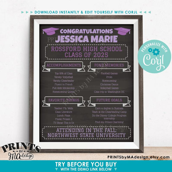 Graduation Party Sign, High School or College Graduation Party Decoration, Milestones, PRINTABLE 16x20” Chalkboard Style Sign (Edit Yourself with Corjl) - PRINTSbyMAdesign
