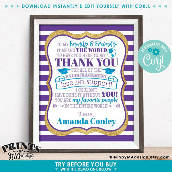 Graduation Party Thank You Sign, Thanks from the Graduate, Gold Glitter PRINTABLE 8x10/16x20" Grad Party Decoration  (Edit Yourself with Corjl) - PRINTSbyMAdesign