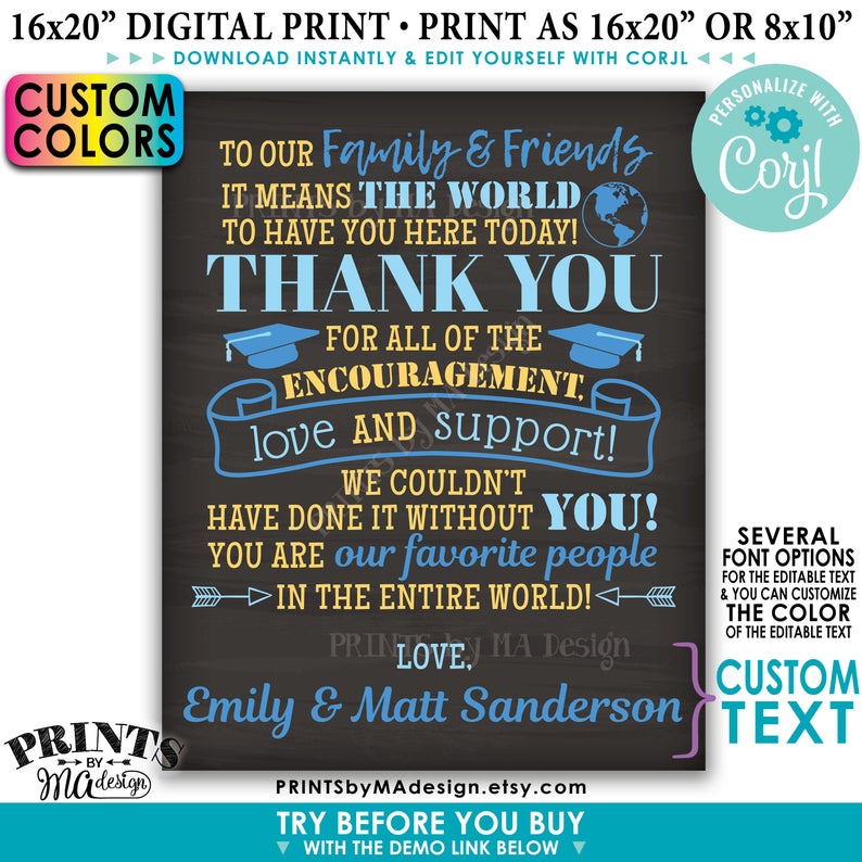Graduation Party Thank You Sign, Thanks from the Graduates, Editable PRINTABLE Chalkboard Style Grads Decor (Edit Yourself with Corjl) - PRINTSbyMAdesign