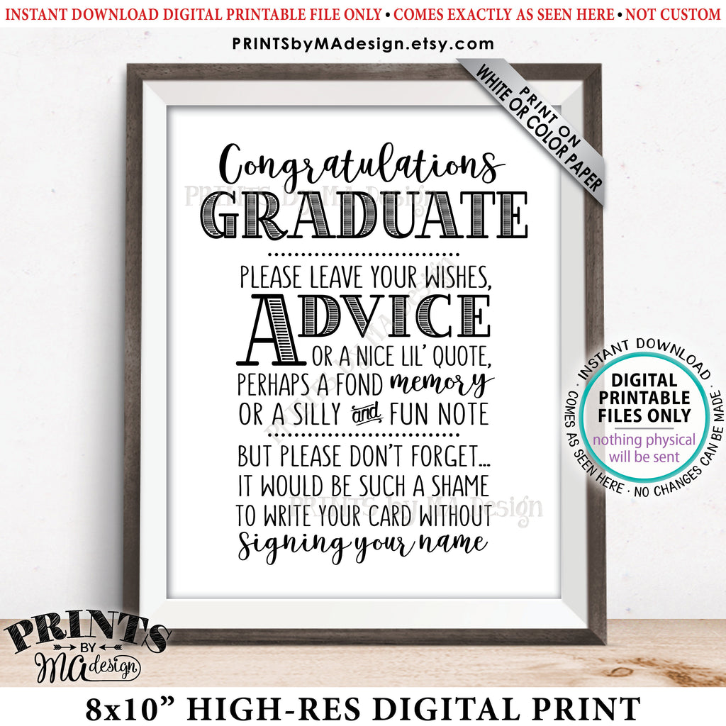 Graduation Advice Sign, Congratulations Graduate Sign, Grad Advice, Memory, Well Wish, Note, Graduation Party, PRINTABLE 8x10” Sign<Instant Download> - PRINTSbyMAdesign