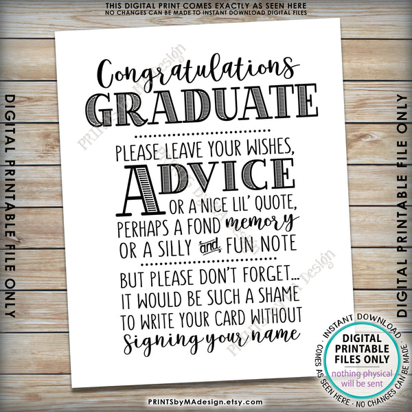 Graduation Advice Sign, Congratulations Graduate Sign, Grad Advice, Memory, Well Wish, Note, Graduation Party, PRINTABLE 8x10” Sign<Instant Download> - PRINTSbyMAdesign