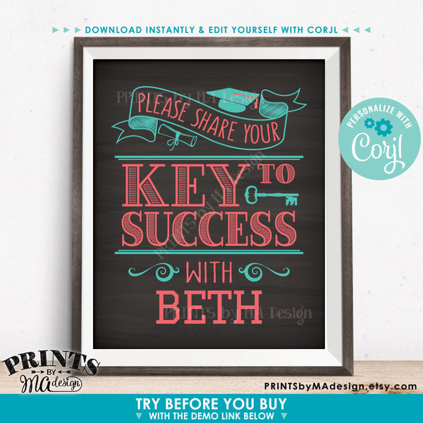 Graduation Key to Success Sign, PRINTABLE 8x10” Chalkboard Style Graduation Party Decoration (Edit Yourself with Corjl) - PRINTSbyMAdesign