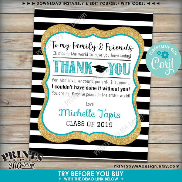 Grad Thank You Sign, Graduation Party Decoration, Black & Gold Glitter PRINTABLE 8x10/16x20" Sign (Edit Yourself with Corjl) - PRINTSbyMAdesign